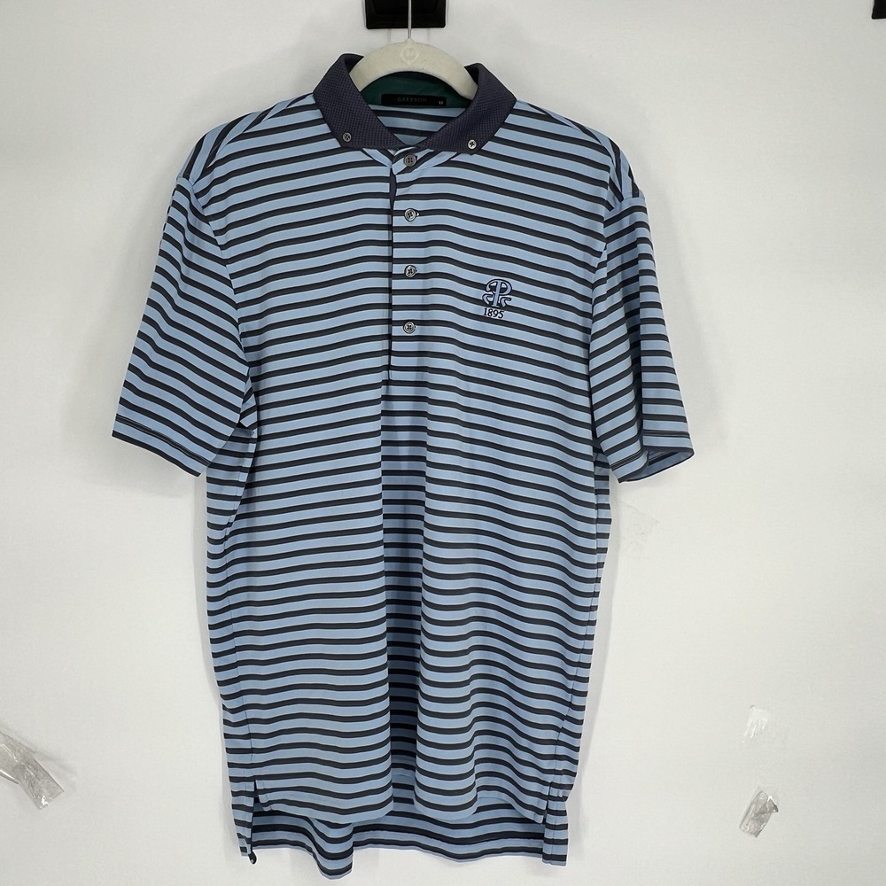 Greyson‎ Polo Shirt Mens Medium Blue Stripe Golf Performance Wolf Logo